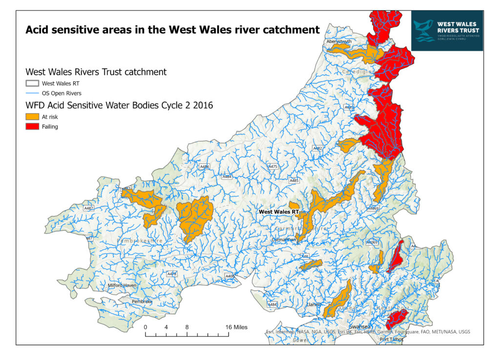 Figure 1. Acid sensitive areas in the West Wales river catchment